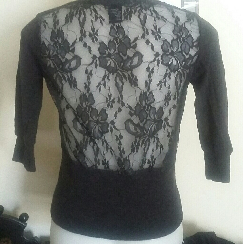 Dark Gray Lace Back V Plunge Cut Top With Pockets